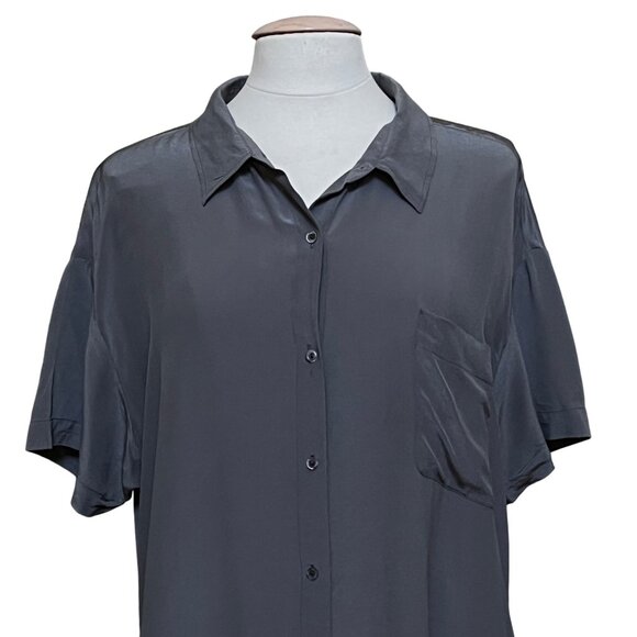 Eileen Fisher Gray Crepe High Low Button Up Dress Tunic 100% Silk Quiet Luxury L - Picture 3 of 9